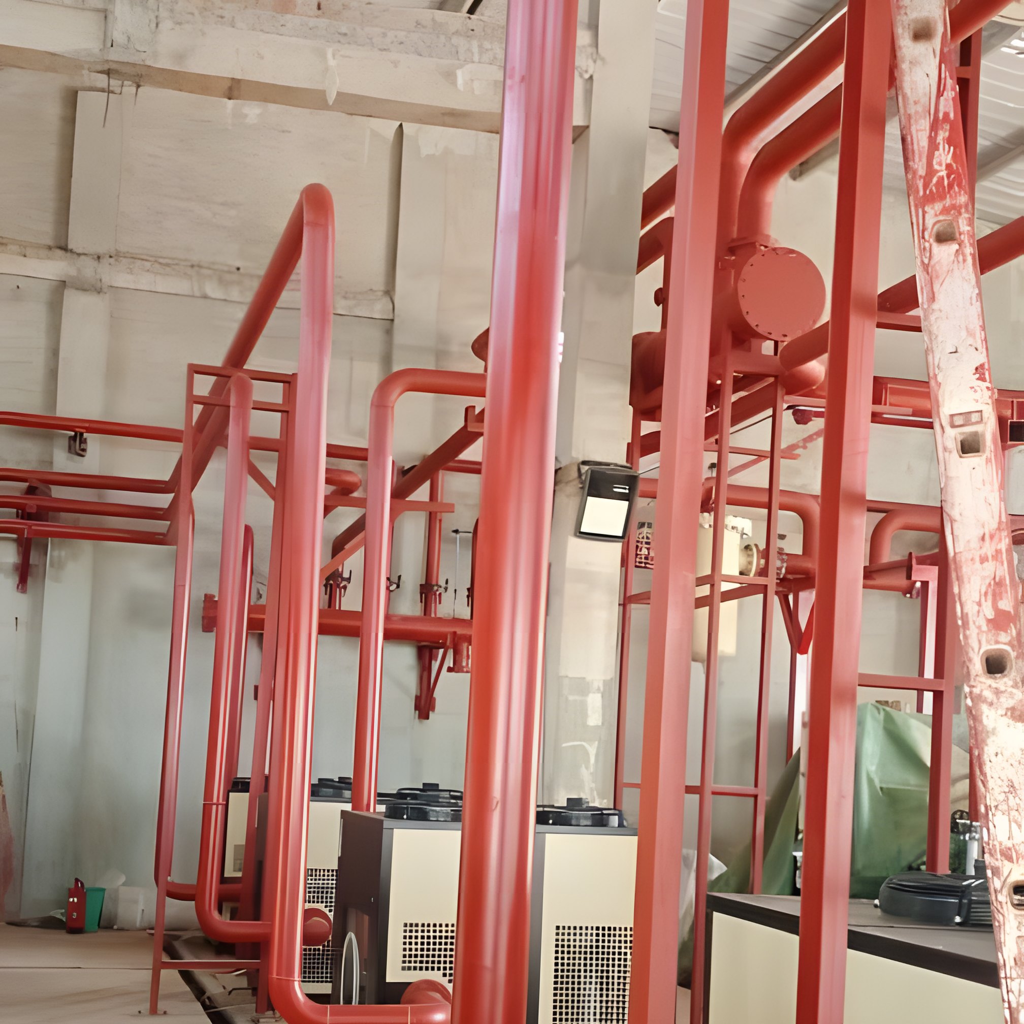 Fire hydrant system pipework and valves running through a plant room