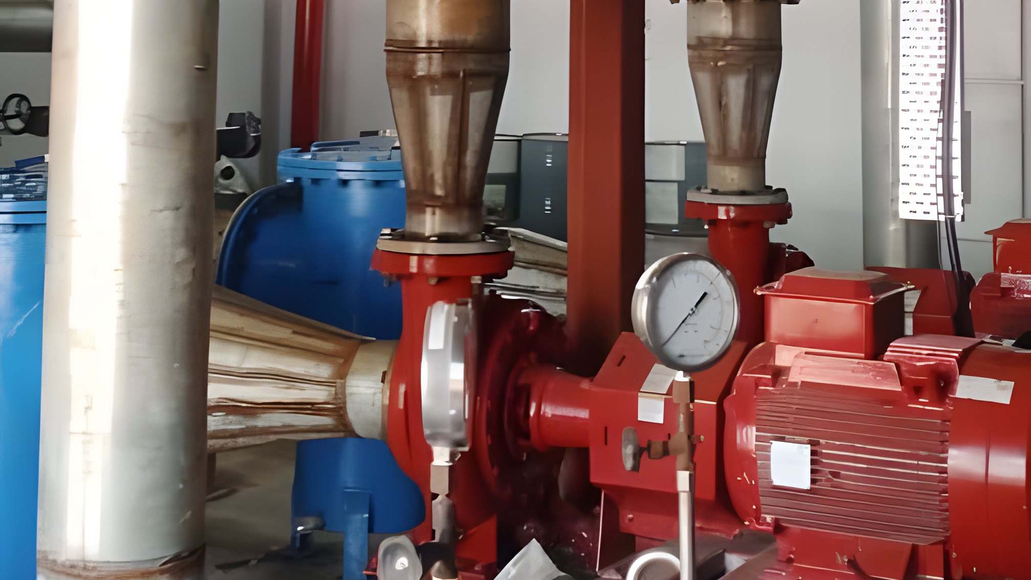 Fire pump and pipework in the pump room of a fire hydrant system