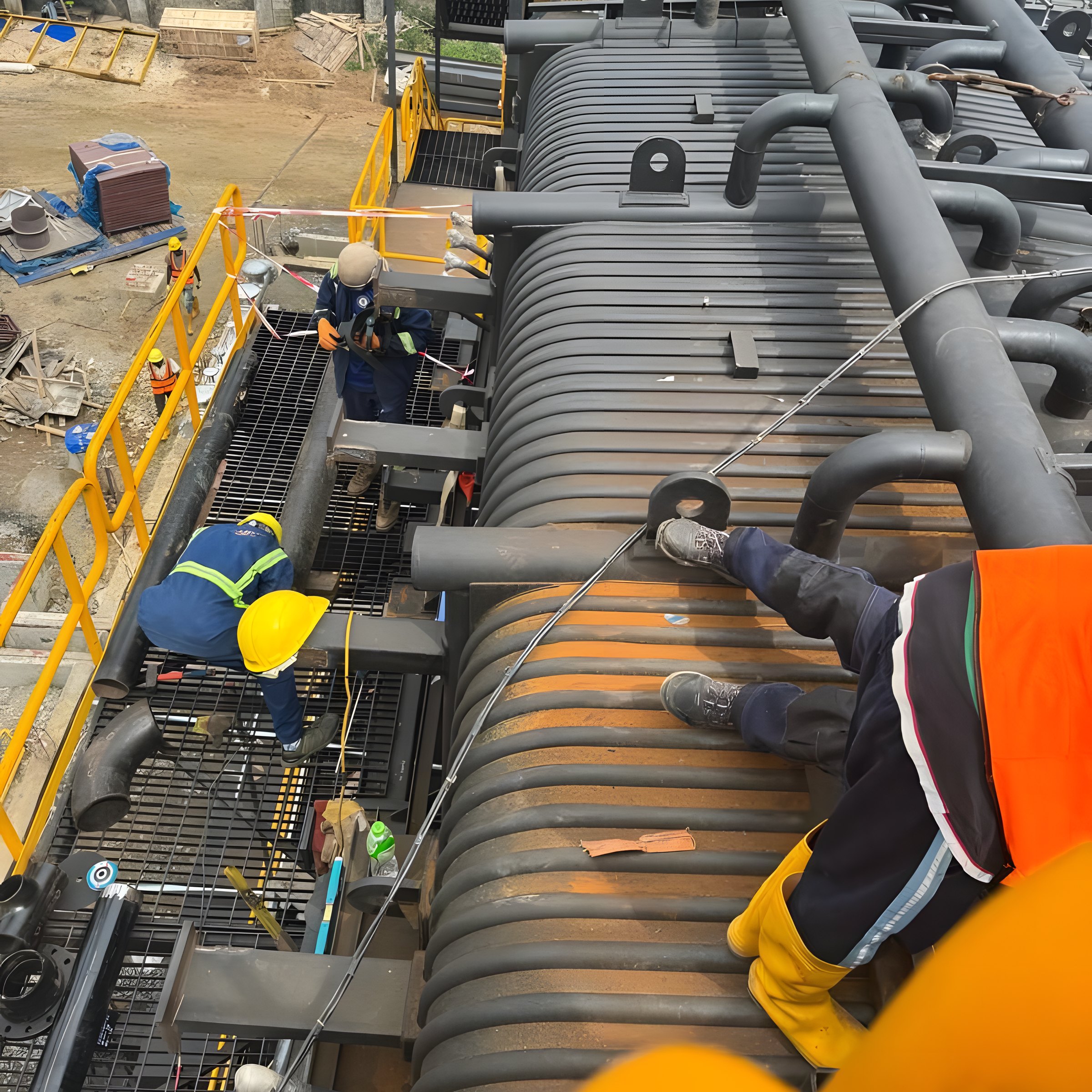 Water tube boiler wall panels during erection, with tubes that carry the boiler water