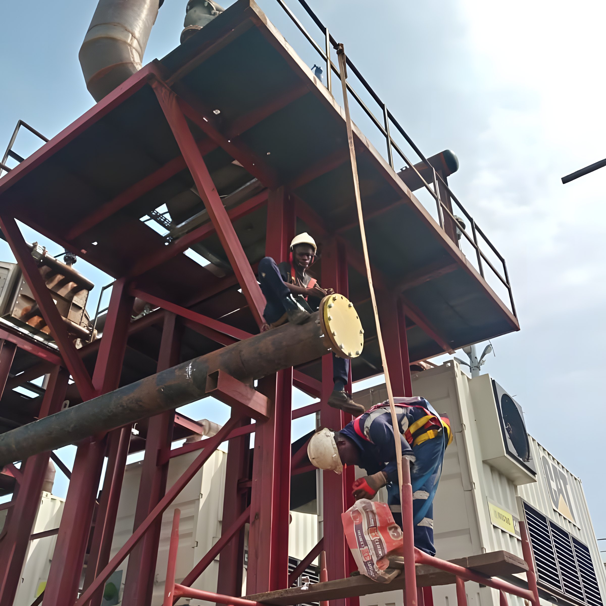 Steel support frame built through structural steel fabrication, with a crew fixing equipment on site