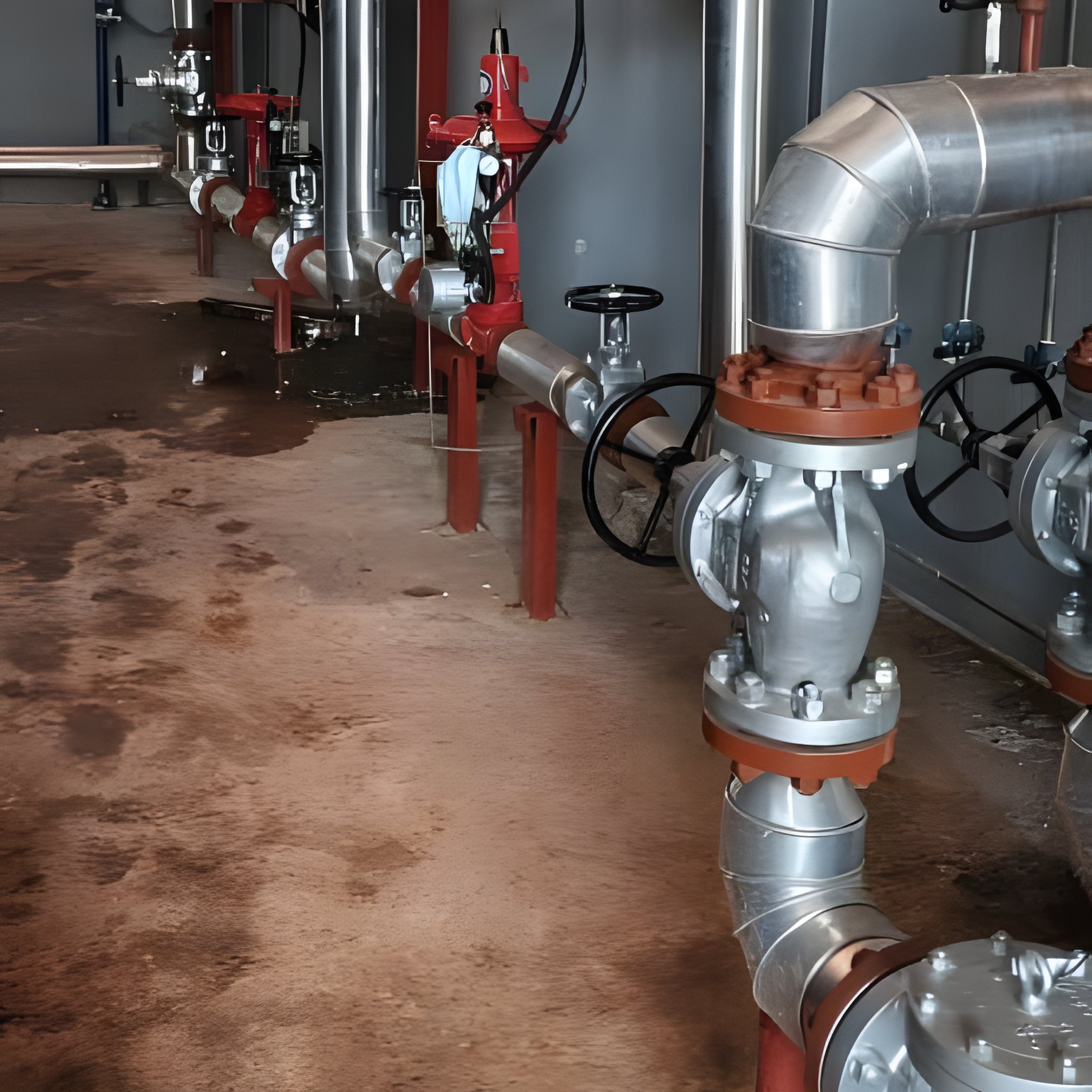 Insulated steam pipework and valves in a boiler house where steam traps drain the lines