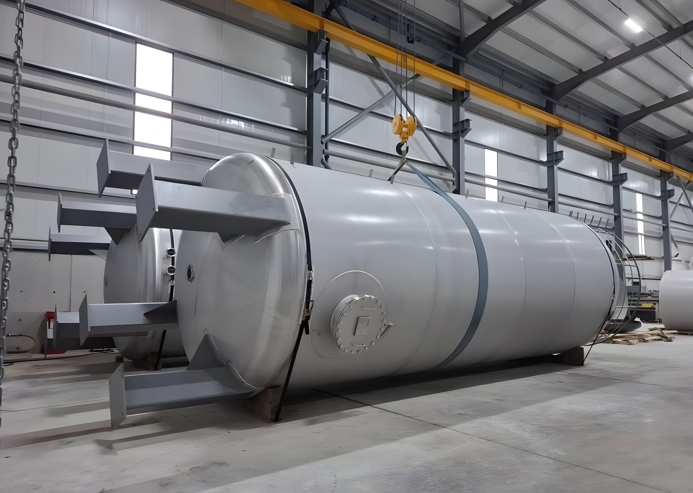 Large cylindrical steel vessel on saddles, the kind of product pressure vessel fabrication delivers